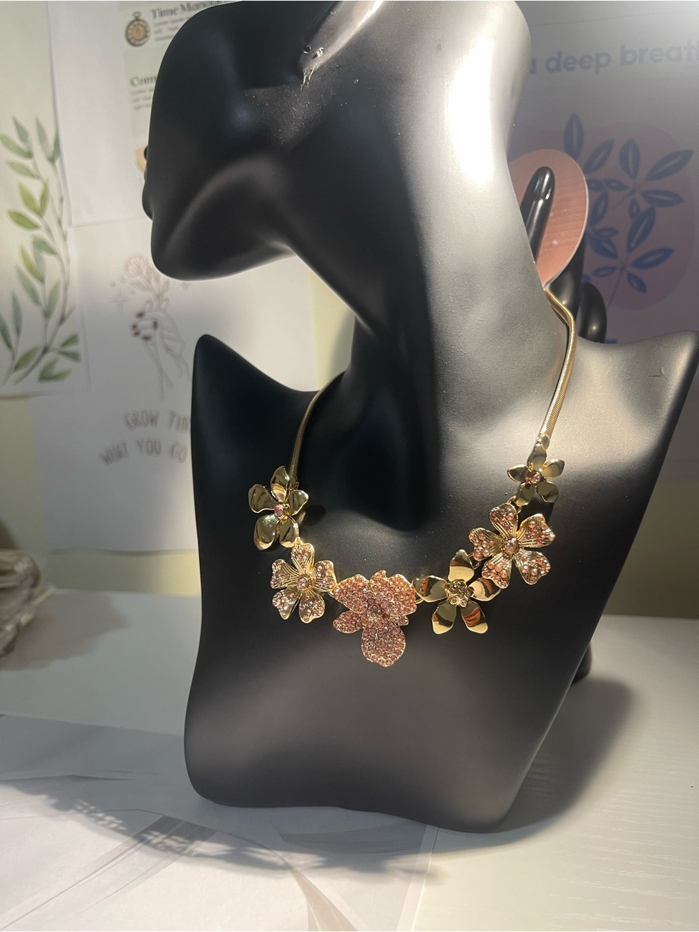 Gold Floral Statement Necklace with Pink Crystal Accents